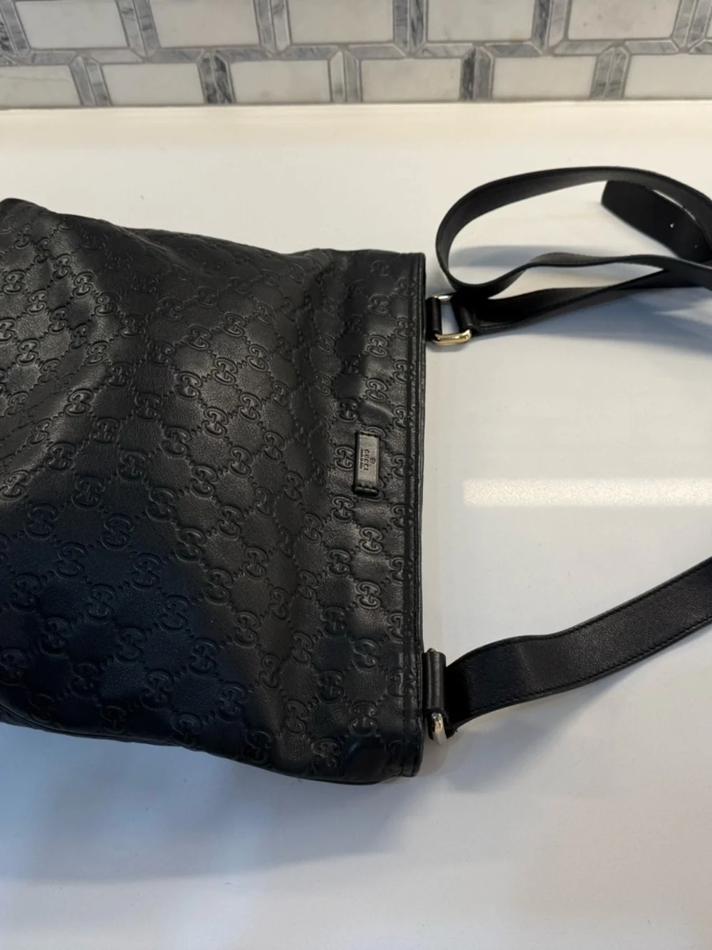 Gucci Black Embossed GG Leather Shoulder Bag with Adjustable Strap - Picture 6 of 10